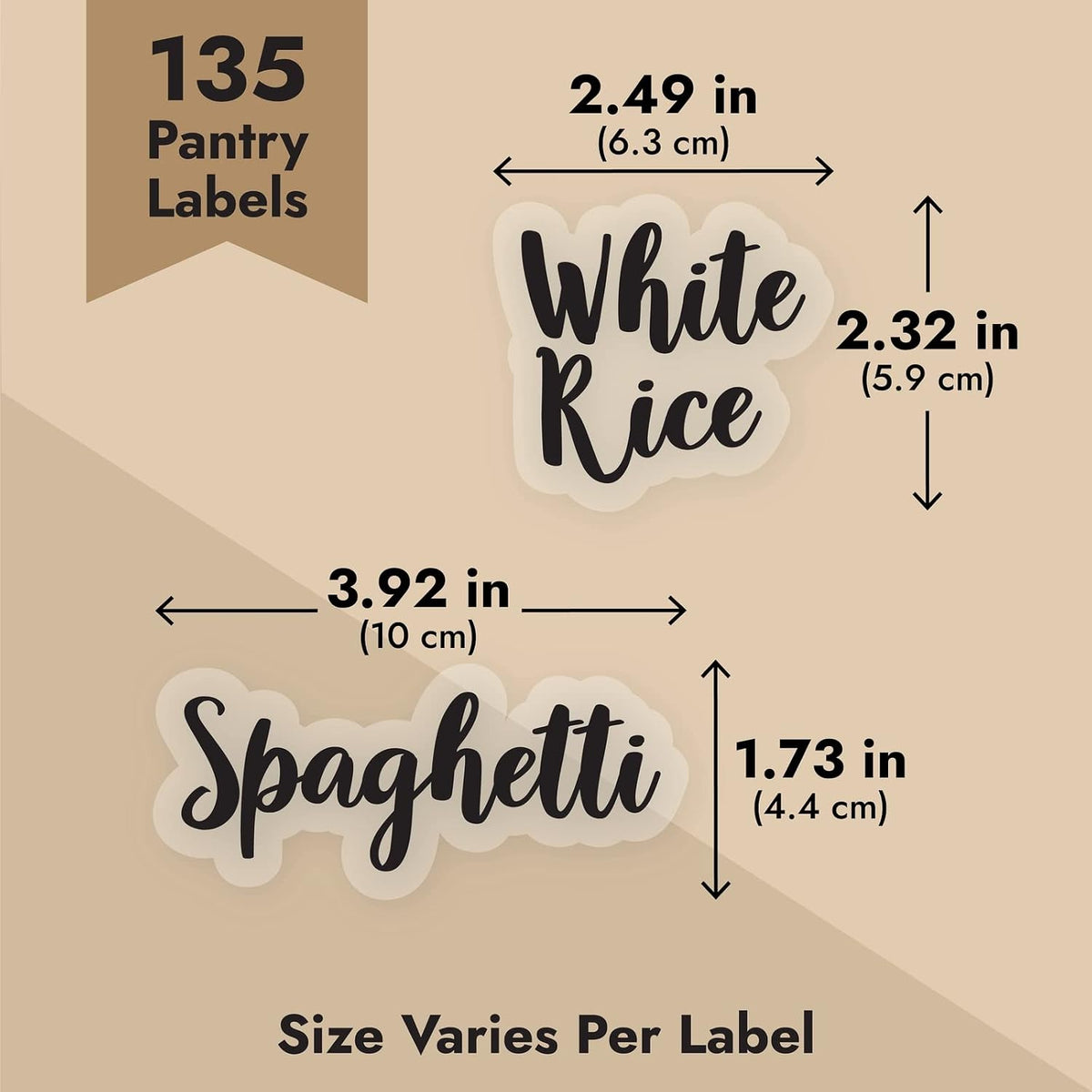 Labels for Food Containers - 135 Count, Preprinted Black Cursive on Clear Backing, Water-Resistant - Pantry & Kitchen Storage Labels for Jars & Bins - Easy Peel & Stick