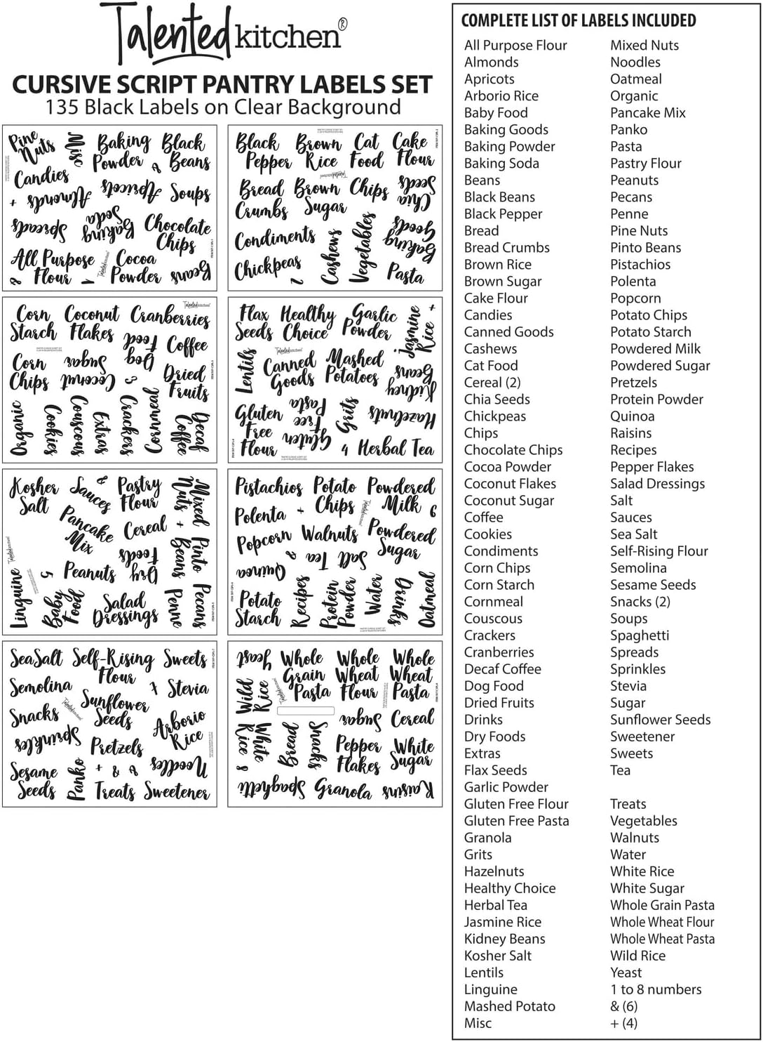 Labels for Food Containers - 135 Count, Preprinted Black Cursive on Clear Backing, Water-Resistant - Pantry & Kitchen Storage Labels for Jars & Bins - Easy Peel & Stick