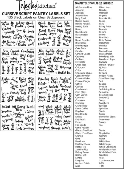 Labels for Food Containers - 135 Count, Preprinted Black Cursive on Clear Backing, Water-Resistant - Pantry & Kitchen Storage Labels for Jars & Bins - Easy Peel & Stick