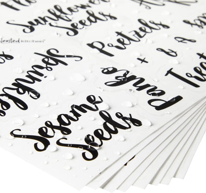 Labels for Food Containers - 135 Count, Preprinted Black Cursive on Clear Backing, Water-Resistant - Pantry & Kitchen Storage Labels for Jars & Bins - Easy Peel & Stick