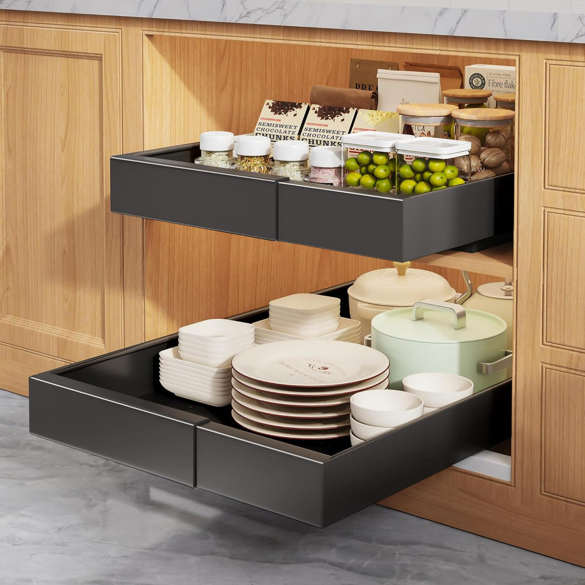 Pull Out Cabinet Organizers 21"Deep with Raising Pad for Framed Cabinets,Expandable Slide Out Drawers Upgrade 3 Slide Rails,Roll Out Shelves Adhesive,Adjustable Width 12"-20.45" White