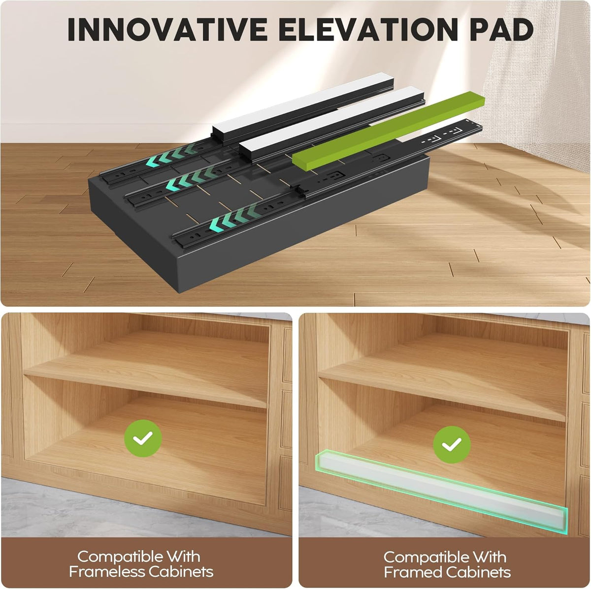 Pull Out Cabinet Organizers 21"Deep with Raising Pad for Framed Cabinets,Expandable Slide Out Drawers Upgrade 3 Slide Rails,Roll Out Shelves Adhesive,Adjustable Width 12"-20.45" White