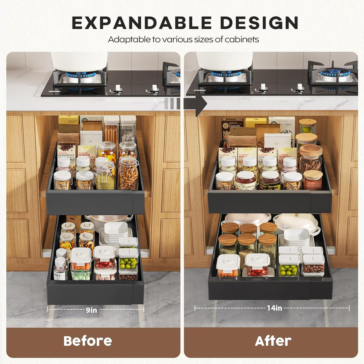Pull Out Cabinet Organizers 21"Deep with Raising Pad for Framed Cabinets,Expandable Slide Out Drawers Upgrade 3 Slide Rails,Roll Out Shelves Adhesive,Adjustable Width 12"-20.45" White