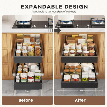 Pull Out Cabinet Organizers 21"Deep with Raising Pad for Framed Cabinets,Expandable Slide Out Drawers Upgrade 3 Slide Rails,Roll Out Shelves Adhesive,Adjustable Width 12"-20.45" White