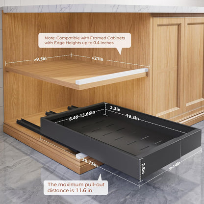 Pull Out Cabinet Organizers 21"Deep with Raising Pad for Framed Cabinets,Expandable Slide Out Drawers Upgrade 3 Slide Rails,Roll Out Shelves Adhesive,Adjustable Width 12"-20.45" White
