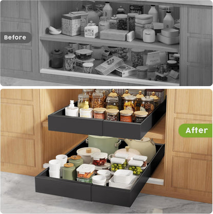 Pull Out Cabinet Organizers 21"Deep with Raising Pad for Framed Cabinets,Expandable Slide Out Drawers Upgrade 3 Slide Rails,Roll Out Shelves Adhesive,Adjustable Width 12"-20.45" White