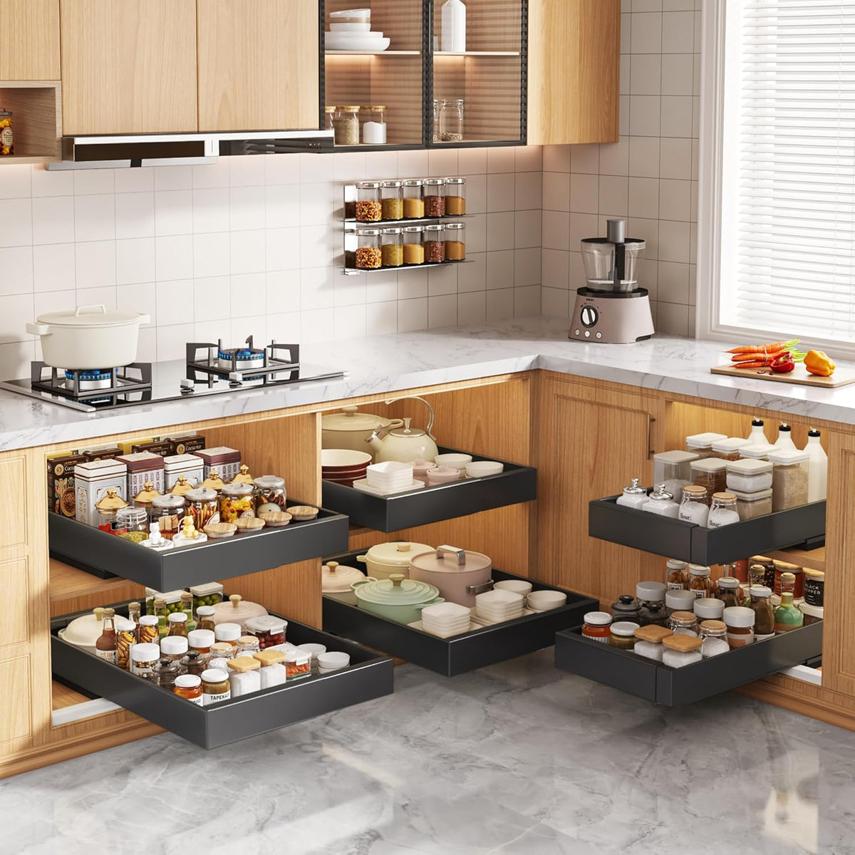 Pull Out Cabinet Organizers 21"Deep with Raising Pad for Framed Cabinets,Expandable Slide Out Drawers Upgrade 3 Slide Rails,Roll Out Shelves Adhesive,Adjustable Width 12"-20.45" White