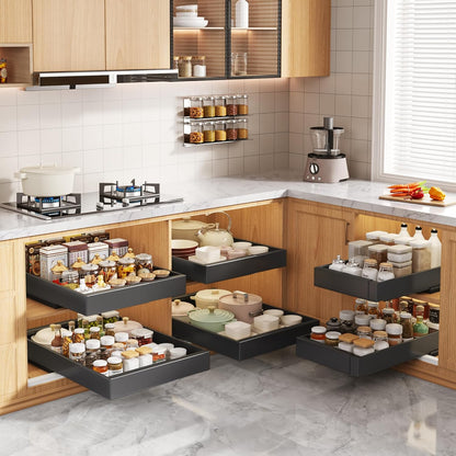 Pull Out Cabinet Organizers 21"Deep with Raising Pad for Framed Cabinets,Expandable Slide Out Drawers Upgrade 3 Slide Rails,Roll Out Shelves Adhesive,Adjustable Width 12"-20.45" White
