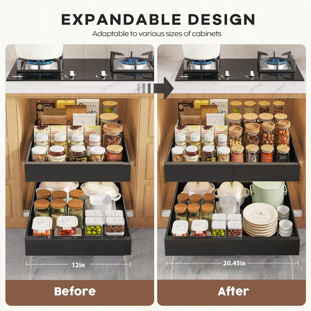 Pull Out Cabinet Organizers 21"Deep with Raising Pad for Framed Cabinets,Expandable Slide Out Drawers Upgrade 3 Slide Rails,Roll Out Shelves Adhesive,Adjustable Width 12"-20.45" White