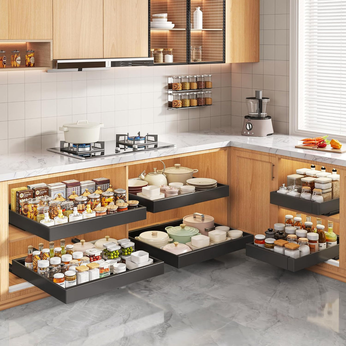 Pull Out Cabinet Organizers 21"Deep with Raising Pad for Framed Cabinets,Expandable Slide Out Drawers Upgrade 3 Slide Rails,Roll Out Shelves Adhesive,Adjustable Width 12"-20.45" White