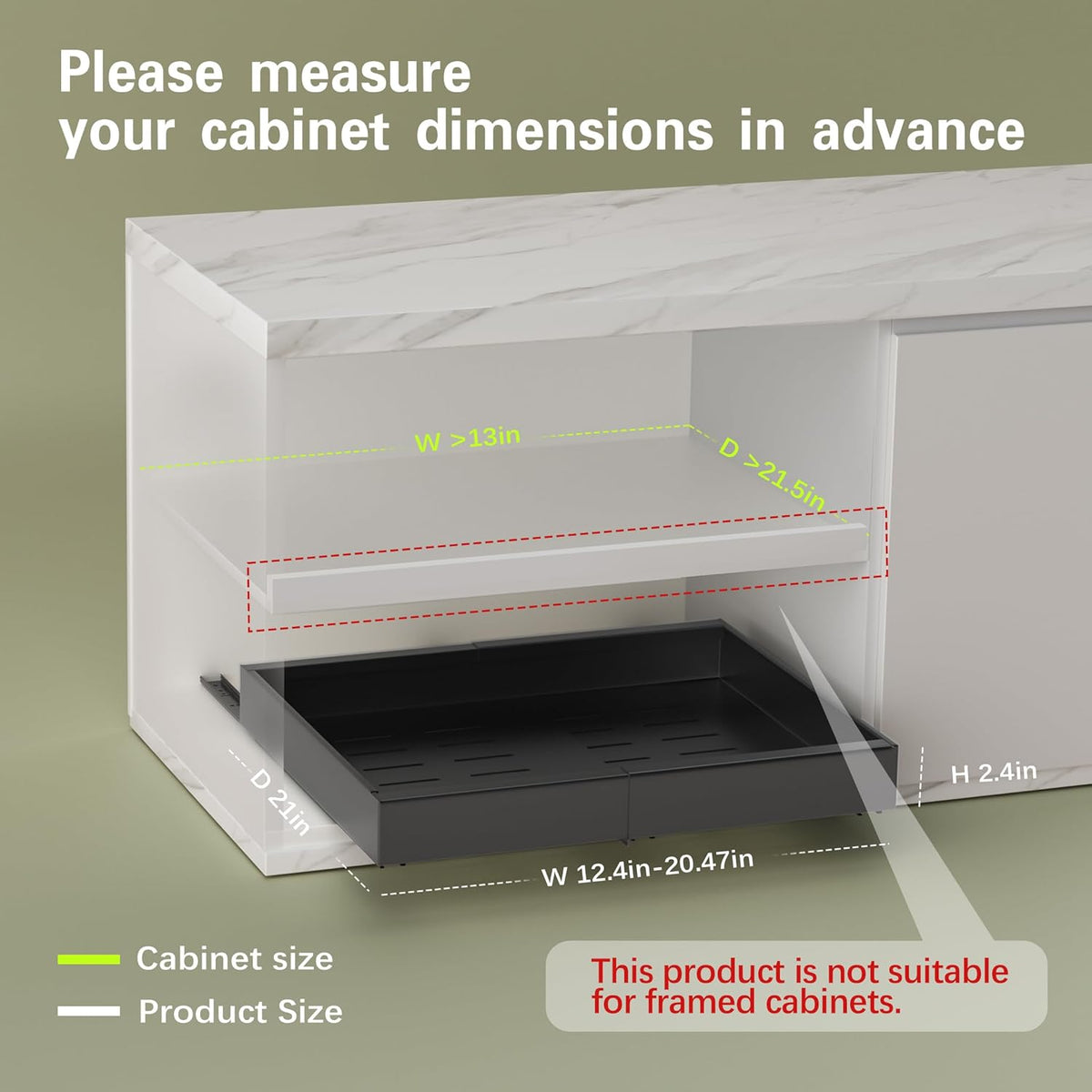 Pull Out Cabinet Organizers 21"Deep with Raising Pad for Framed Cabinets,Expandable Slide Out Drawers Upgrade 3 Slide Rails,Roll Out Shelves Adhesive,Adjustable Width 12"-20.45" White