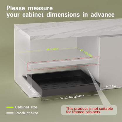 Pull Out Cabinet Organizers 21"Deep with Raising Pad for Framed Cabinets,Expandable Slide Out Drawers Upgrade 3 Slide Rails,Roll Out Shelves Adhesive,Adjustable Width 12"-20.45" White