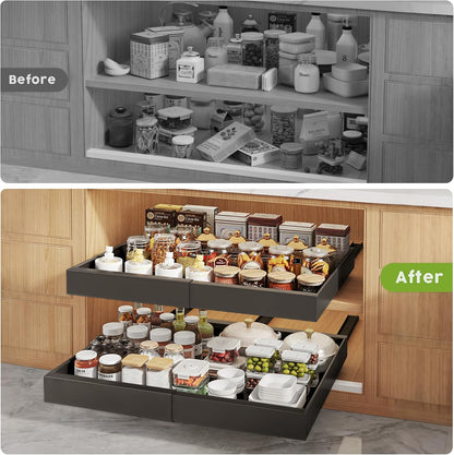 Pull Out Cabinet Organizers 21"Deep with Raising Pad for Framed Cabinets,Expandable Slide Out Drawers Upgrade 3 Slide Rails,Roll Out Shelves Adhesive,Adjustable Width 12"-20.45" White