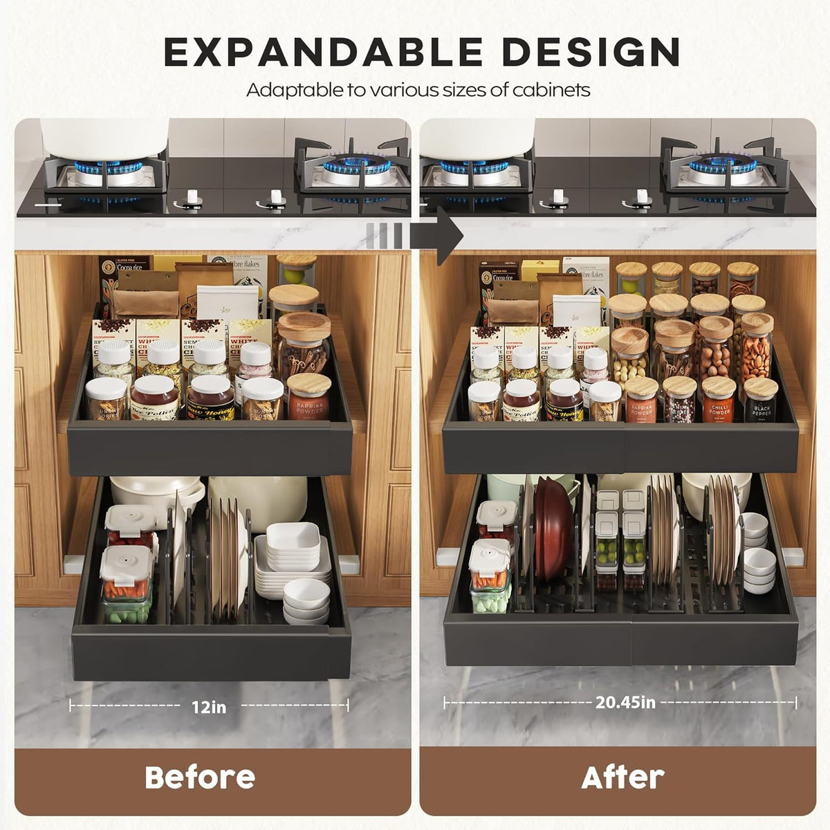 Pull Out Cabinet Organizers 21"Deep with Raising Pad for Framed Cabinets,Expandable Slide Out Drawers Upgrade 3 Slide Rails,Roll Out Shelves Adhesive,Adjustable Width 12"-20.45" White
