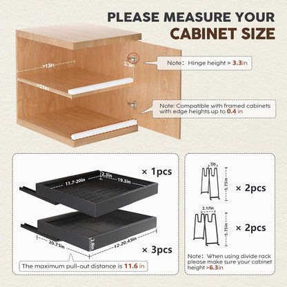 Pull Out Cabinet Organizers 21"Deep with Raising Pad for Framed Cabinets,Expandable Slide Out Drawers Upgrade 3 Slide Rails,Roll Out Shelves Adhesive,Adjustable Width 12"-20.45" White