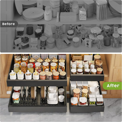 Pull Out Cabinet Organizers 21"Deep with Raising Pad for Framed Cabinets,Expandable Slide Out Drawers Upgrade 3 Slide Rails,Roll Out Shelves Adhesive,Adjustable Width 12"-20.45" White