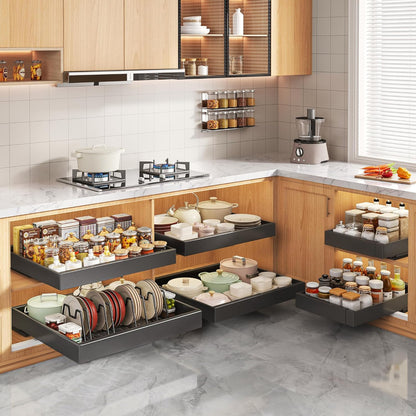 Pull Out Cabinet Organizers 21"Deep with Raising Pad for Framed Cabinets,Expandable Slide Out Drawers Upgrade 3 Slide Rails,Roll Out Shelves Adhesive,Adjustable Width 12"-20.45" White