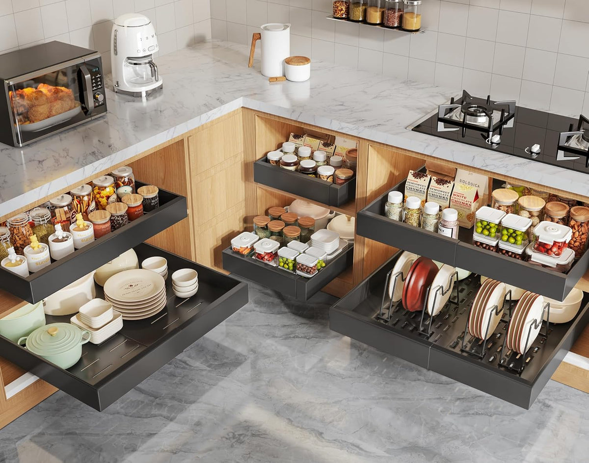 Pull Out Cabinet Organizers 21"Deep with Raising Pad for Framed Cabinets,Expandable Slide Out Drawers Upgrade 3 Slide Rails,Roll Out Shelves Adhesive,Adjustable Width 12"-20.45" White