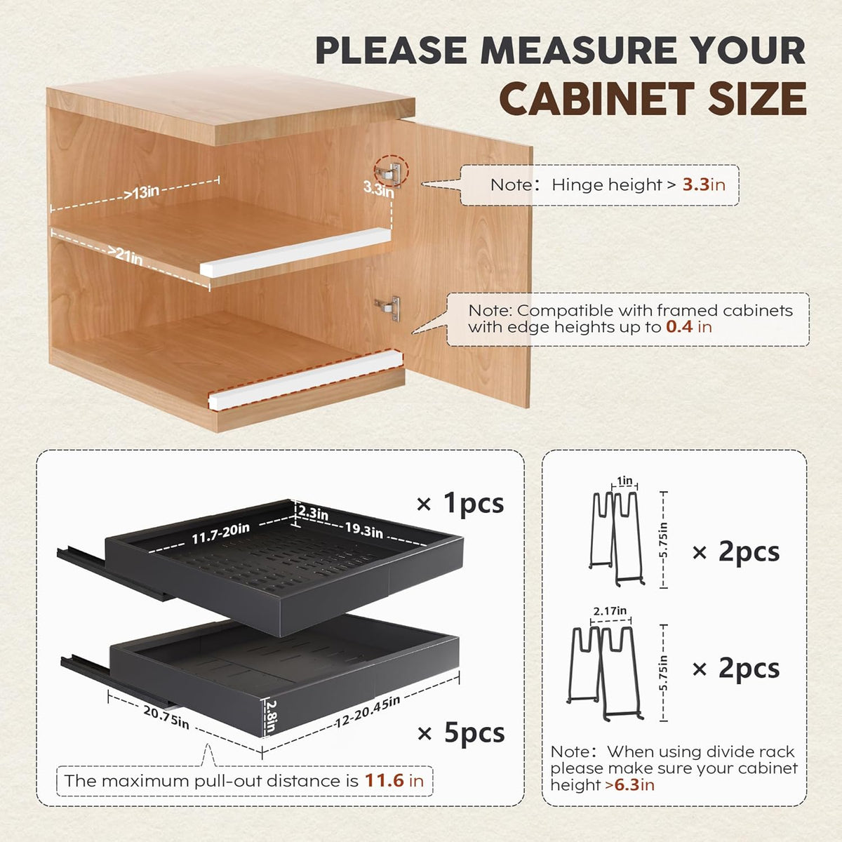 Pull Out Cabinet Organizers 21"Deep with Raising Pad for Framed Cabinets,Expandable Slide Out Drawers Upgrade 3 Slide Rails,Roll Out Shelves Adhesive,Adjustable Width 12"-20.45" White