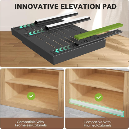 Pull Out Cabinet Organizers 21"Deep with Raising Pad for Framed Cabinets,Expandable Slide Out Drawers Upgrade 3 Slide Rails,Roll Out Shelves Adhesive,Adjustable Width 12"-20.45" White