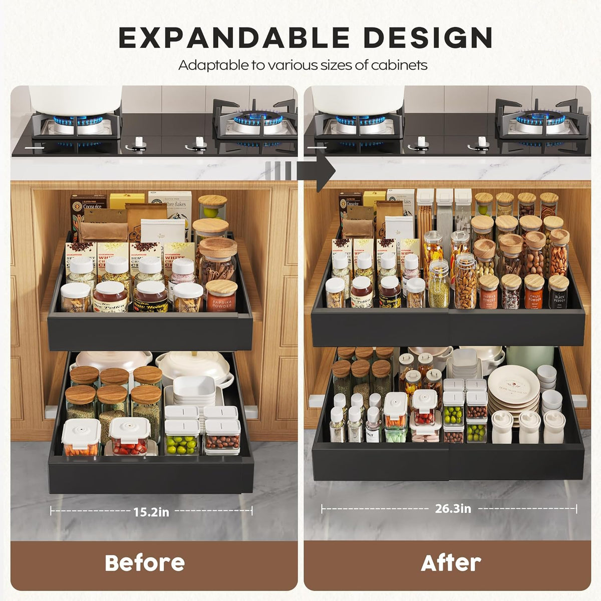 Pull Out Cabinet Organizers 21"Deep with Raising Pad for Framed Cabinets,Expandable Slide Out Drawers Upgrade 3 Slide Rails,Roll Out Shelves Adhesive,Adjustable Width 12"-20.45" White