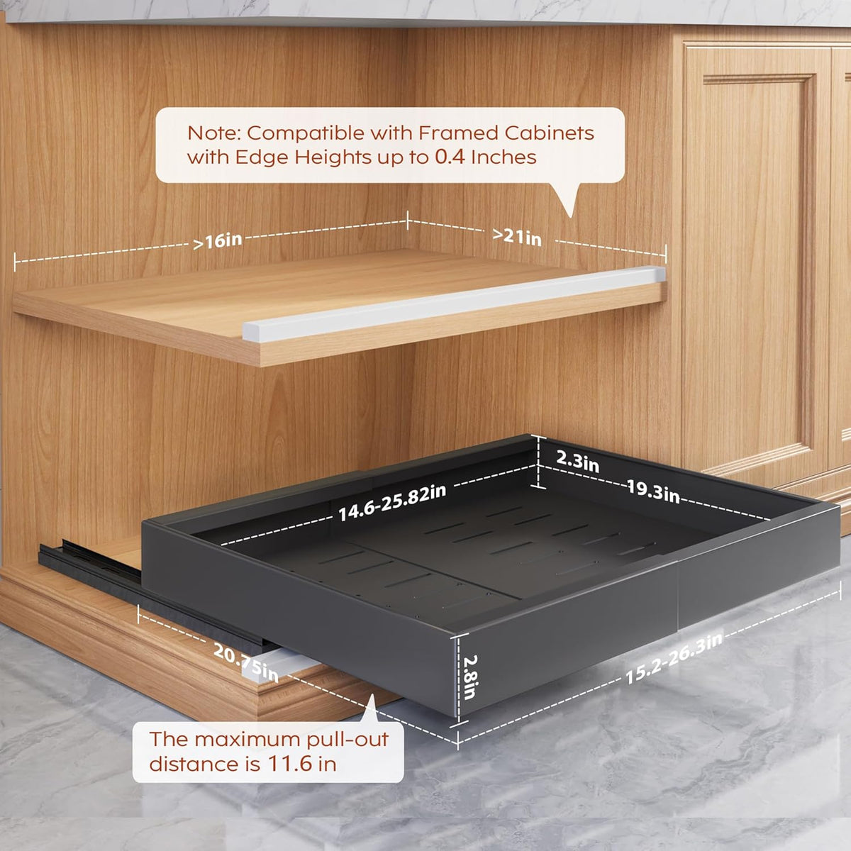 Pull Out Cabinet Organizers 21"Deep with Raising Pad for Framed Cabinets,Expandable Slide Out Drawers Upgrade 3 Slide Rails,Roll Out Shelves Adhesive,Adjustable Width 12"-20.45" White