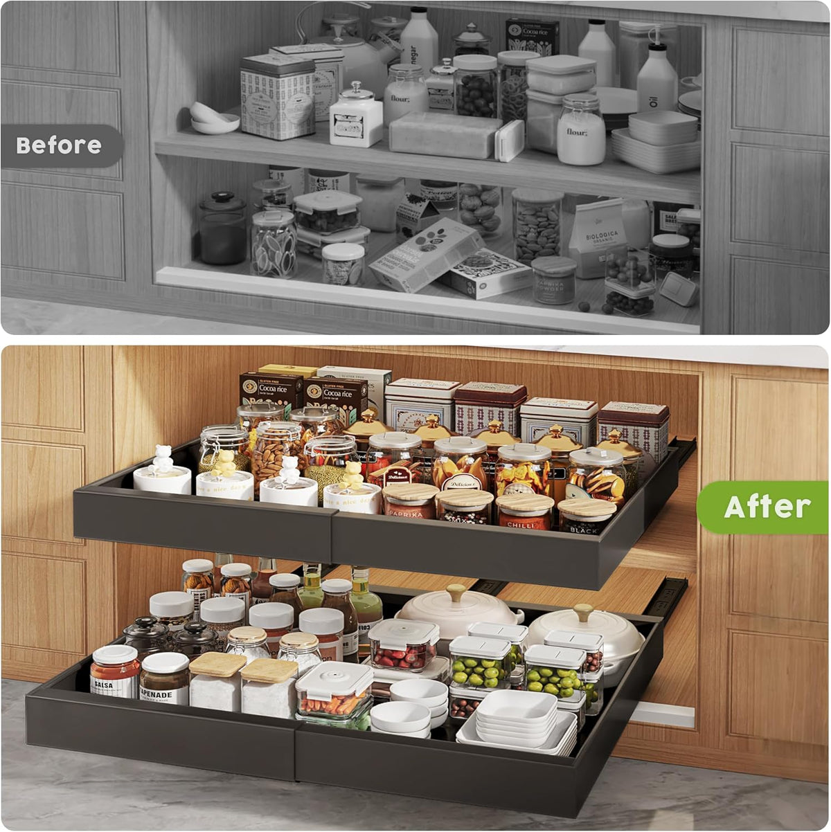 Pull Out Cabinet Organizers 21"Deep with Raising Pad for Framed Cabinets,Expandable Slide Out Drawers Upgrade 3 Slide Rails,Roll Out Shelves Adhesive,Adjustable Width 12"-20.45" White