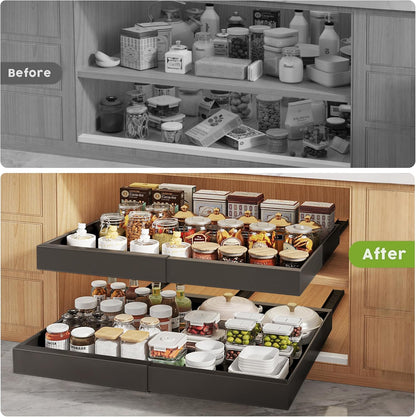 Pull Out Cabinet Organizers 21"Deep with Raising Pad for Framed Cabinets,Expandable Slide Out Drawers Upgrade 3 Slide Rails,Roll Out Shelves Adhesive,Adjustable Width 12"-20.45" White