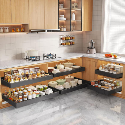 Pull Out Cabinet Organizers 21"Deep with Raising Pad for Framed Cabinets,Expandable Slide Out Drawers Upgrade 3 Slide Rails,Roll Out Shelves Adhesive,Adjustable Width 12"-20.45" White
