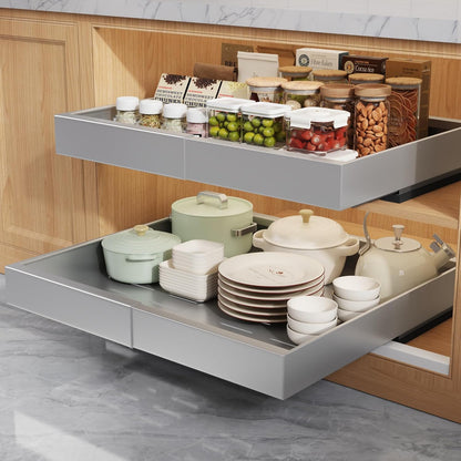 Pull Out Cabinet Organizers 21"Deep with Raising Pad for Framed Cabinets,Expandable Slide Out Drawers Upgrade 3 Slide Rails,Roll Out Shelves Adhesive,Adjustable Width 12"-20.45" White