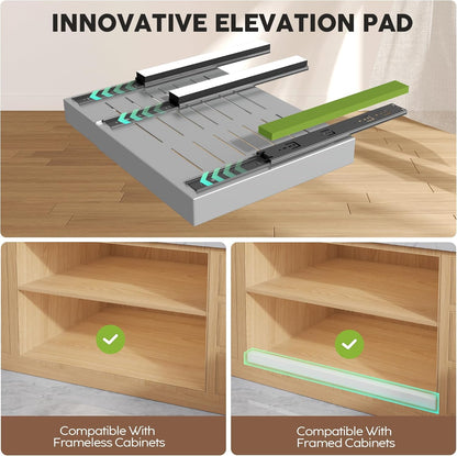 Pull Out Cabinet Organizers 21"Deep with Raising Pad for Framed Cabinets,Expandable Slide Out Drawers Upgrade 3 Slide Rails,Roll Out Shelves Adhesive,Adjustable Width 12"-20.45" White