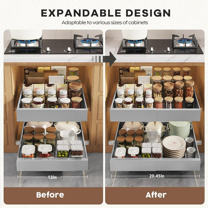 Pull Out Cabinet Organizers 21"Deep with Raising Pad for Framed Cabinets,Expandable Slide Out Drawers Upgrade 3 Slide Rails,Roll Out Shelves Adhesive,Adjustable Width 12"-20.45" White