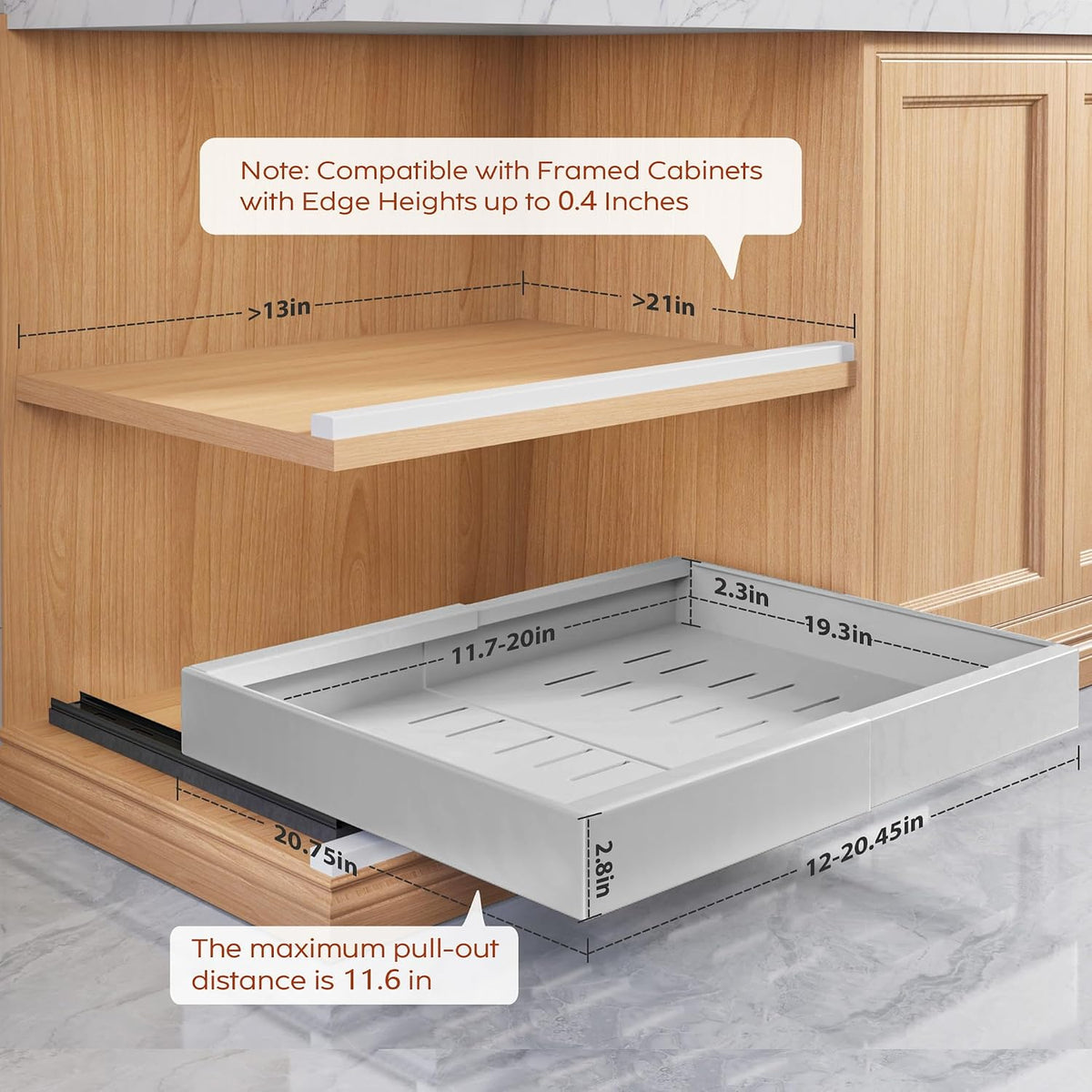 Pull Out Cabinet Organizers 21"Deep with Raising Pad for Framed Cabinets,Expandable Slide Out Drawers Upgrade 3 Slide Rails,Roll Out Shelves Adhesive,Adjustable Width 12"-20.45" White
