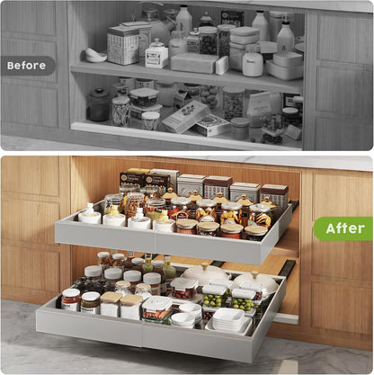 Pull Out Cabinet Organizers 21"Deep with Raising Pad for Framed Cabinets,Expandable Slide Out Drawers Upgrade 3 Slide Rails,Roll Out Shelves Adhesive,Adjustable Width 12"-20.45" White