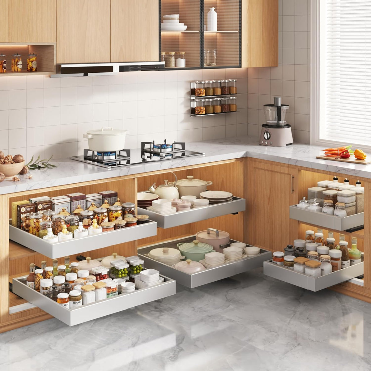 Pull Out Cabinet Organizers 21"Deep with Raising Pad for Framed Cabinets,Expandable Slide Out Drawers Upgrade 3 Slide Rails,Roll Out Shelves Adhesive,Adjustable Width 12"-20.45" White