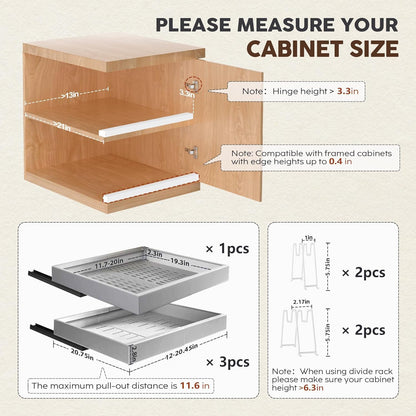Pull Out Cabinet Organizers 21"Deep with Raising Pad for Framed Cabinets,Expandable Slide Out Drawers Upgrade 3 Slide Rails,Roll Out Shelves Adhesive,Adjustable Width 12"-20.45" White