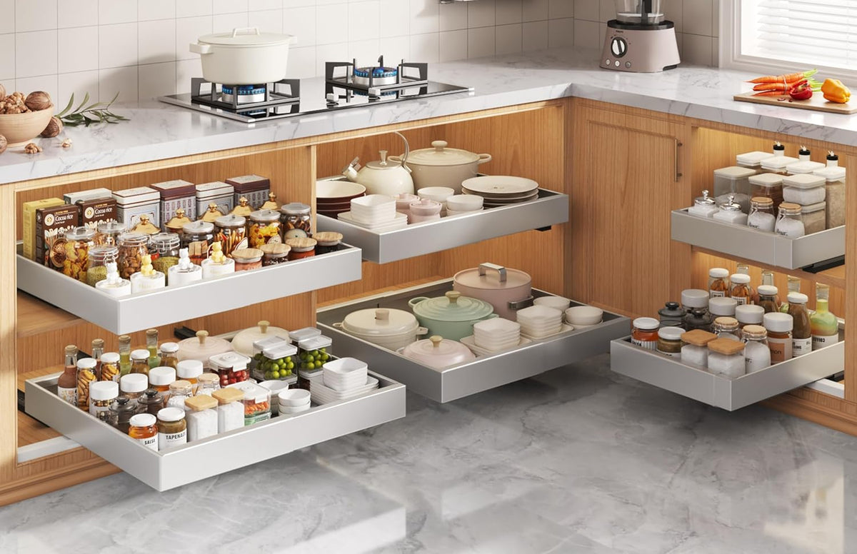 Pull Out Cabinet Organizers 21"Deep with Raising Pad for Framed Cabinets,Expandable Slide Out Drawers Upgrade 3 Slide Rails,Roll Out Shelves Adhesive,Adjustable Width 12"-20.45" White