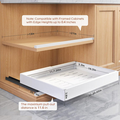 Pull Out Cabinet Organizers 21"Deep with Raising Pad for Framed Cabinets,Expandable Slide Out Drawers Upgrade 3 Slide Rails,Roll Out Shelves Adhesive,Adjustable Width 12"-20.45" White