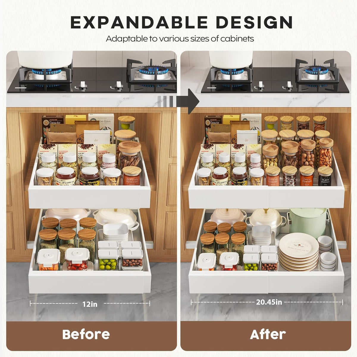Pull Out Cabinet Organizers 21"Deep with Raising Pad for Framed Cabinets,Expandable Slide Out Drawers Upgrade 3 Slide Rails,Roll Out Shelves Adhesive,Adjustable Width 12"-20.45" White