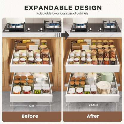 Pull Out Cabinet Organizers 21"Deep with Raising Pad for Framed Cabinets,Expandable Slide Out Drawers Upgrade 3 Slide Rails,Roll Out Shelves Adhesive,Adjustable Width 12"-20.45" White