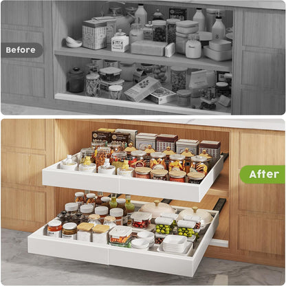 Pull Out Cabinet Organizers 21"Deep with Raising Pad for Framed Cabinets,Expandable Slide Out Drawers Upgrade 3 Slide Rails,Roll Out Shelves Adhesive,Adjustable Width 12"-20.45" White