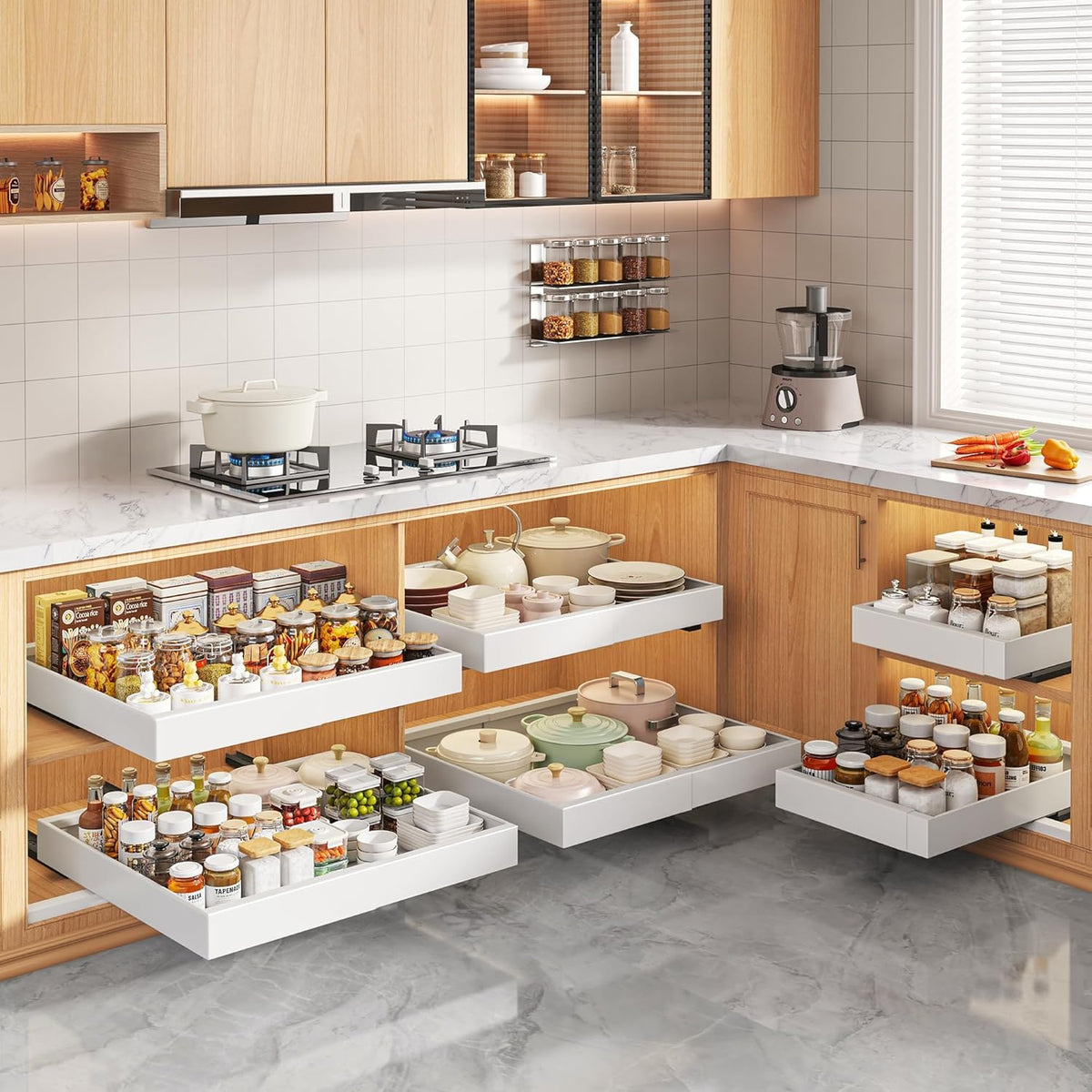 Pull Out Cabinet Organizers 21"Deep with Raising Pad for Framed Cabinets,Expandable Slide Out Drawers Upgrade 3 Slide Rails,Roll Out Shelves Adhesive,Adjustable Width 12"-20.45" White