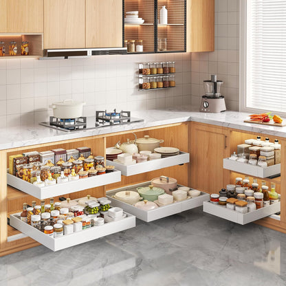 Pull Out Cabinet Organizers 21"Deep with Raising Pad for Framed Cabinets,Expandable Slide Out Drawers Upgrade 3 Slide Rails,Roll Out Shelves Adhesive,Adjustable Width 12"-20.45" White
