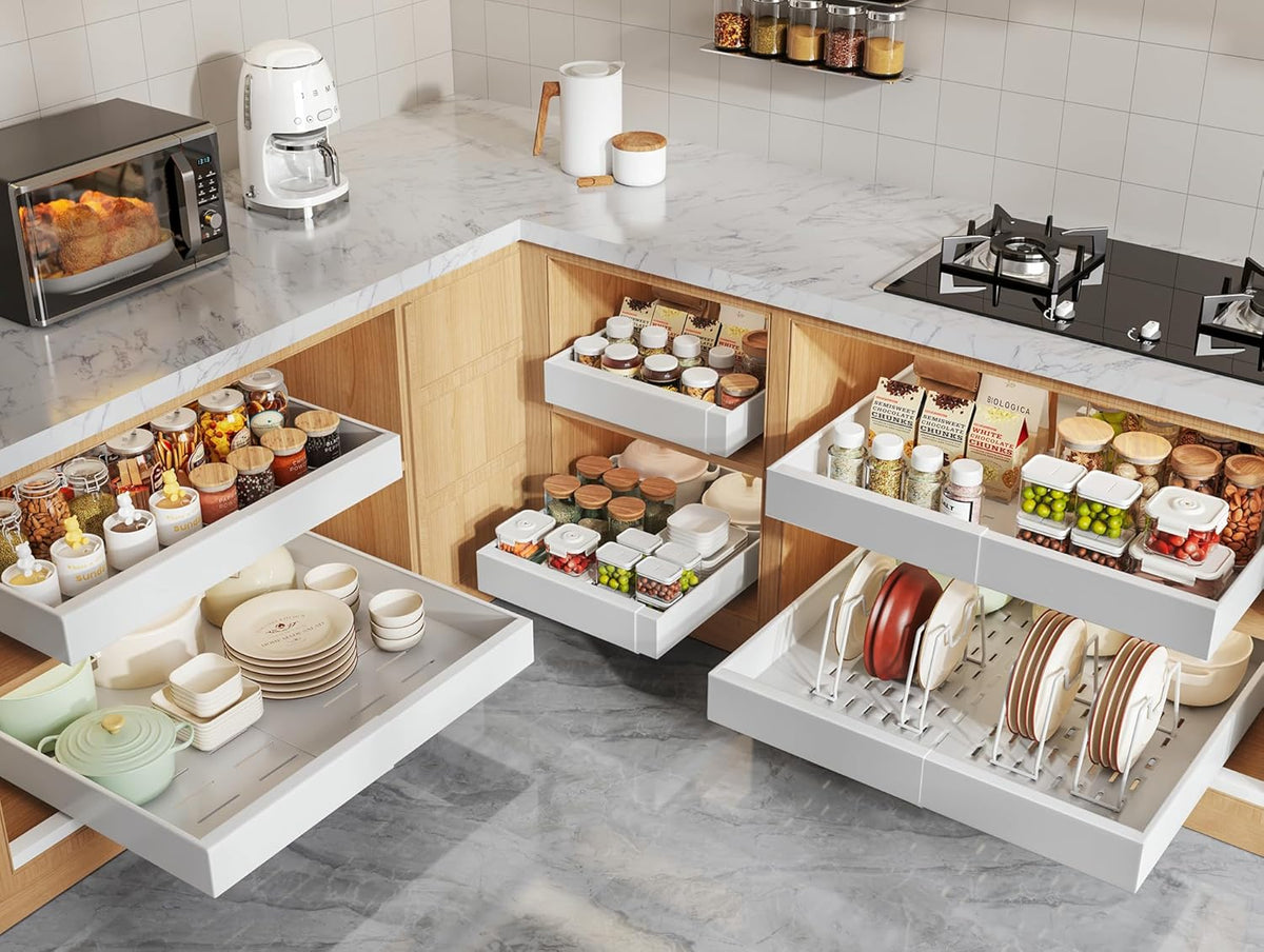 Pull Out Cabinet Organizers 21"Deep with Raising Pad for Framed Cabinets,Expandable Slide Out Drawers Upgrade 3 Slide Rails,Roll Out Shelves Adhesive,Adjustable Width 12"-20.45" White