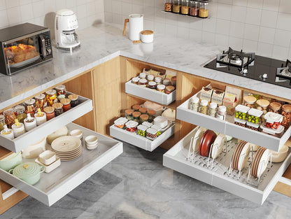 Pull Out Cabinet Organizers 21"Deep with Raising Pad for Framed Cabinets,Expandable Slide Out Drawers Upgrade 3 Slide Rails,Roll Out Shelves Adhesive,Adjustable Width 12"-20.45" White