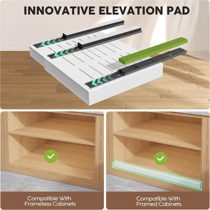 Pull Out Cabinet Organizers 21"Deep with Raising Pad for Framed Cabinets,Expandable Slide Out Drawers Upgrade 3 Slide Rails,Roll Out Shelves Adhesive,Adjustable Width 12"-20.45" White