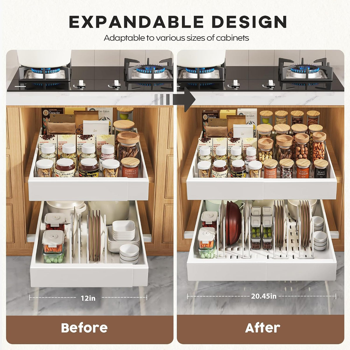 Pull Out Cabinet Organizers 21"Deep with Raising Pad for Framed Cabinets,Expandable Slide Out Drawers Upgrade 3 Slide Rails,Roll Out Shelves Adhesive,Adjustable Width 12"-20.45" White
