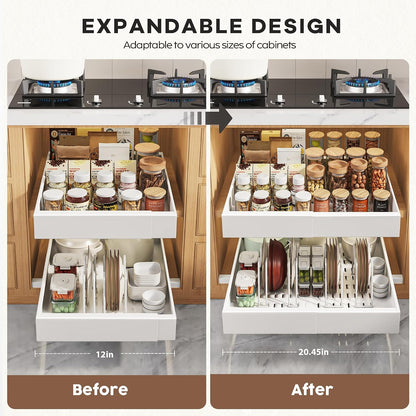 Pull Out Cabinet Organizers 21"Deep with Raising Pad for Framed Cabinets,Expandable Slide Out Drawers Upgrade 3 Slide Rails,Roll Out Shelves Adhesive,Adjustable Width 12"-20.45" White