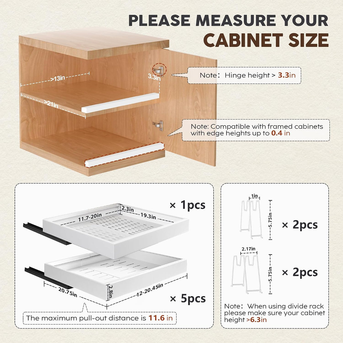 Pull Out Cabinet Organizers 21"Deep with Raising Pad for Framed Cabinets,Expandable Slide Out Drawers Upgrade 3 Slide Rails,Roll Out Shelves Adhesive,Adjustable Width 12"-20.45" White