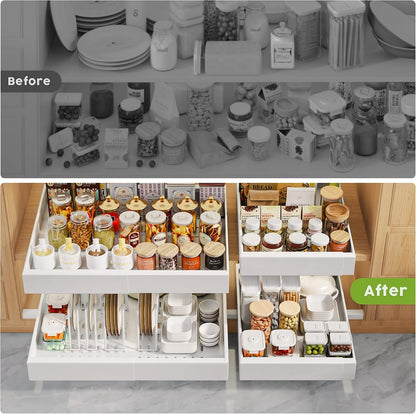 Pull Out Cabinet Organizers 21"Deep with Raising Pad for Framed Cabinets,Expandable Slide Out Drawers Upgrade 3 Slide Rails,Roll Out Shelves Adhesive,Adjustable Width 12"-20.45" White